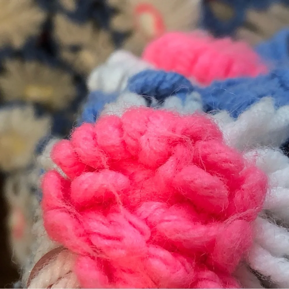 Vintage daisy granny square crochet afghan blanket throw polyester blue